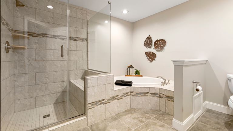Modern bathroom remodel in Syracuse, NY with ambient lighting and LED fixtures.